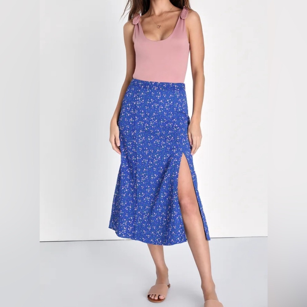 Blue Floral Print Midi Skirt